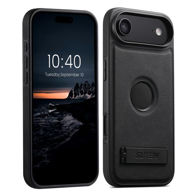 For iPhone Air Suteni G2 Magsafe Litchi Texture Leather Back Phone Case with Holder(Black)