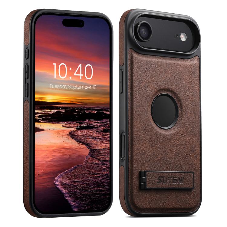 For iPhone Air Suteni G2 Magsafe Litchi Texture Leather Back Phone Case with Holder(Brown)