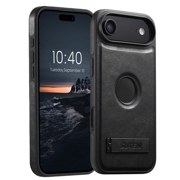 For iPhone Air Suteni G2 Magsafe Oil Wax Leather Back Phone Case with Holder(Black)