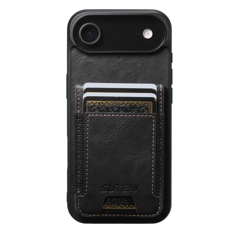 For iPhone Air Suteni H03 Oil Wax Leather Wallet Stand Back Phone Case(Black)
