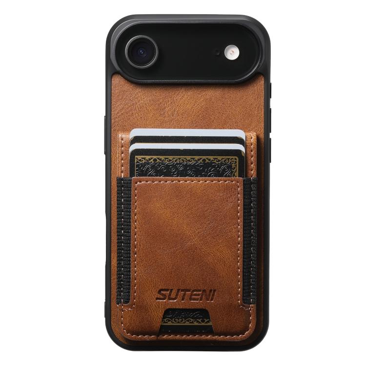 For iPhone Air Suteni H03 Oil Wax Leather Wallet Stand Back Phone Case(Brown)