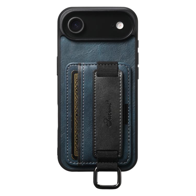For iPhone Air Suteni H13 Card Wallet Wrist Strap Holder PU Phone Case(Blue)