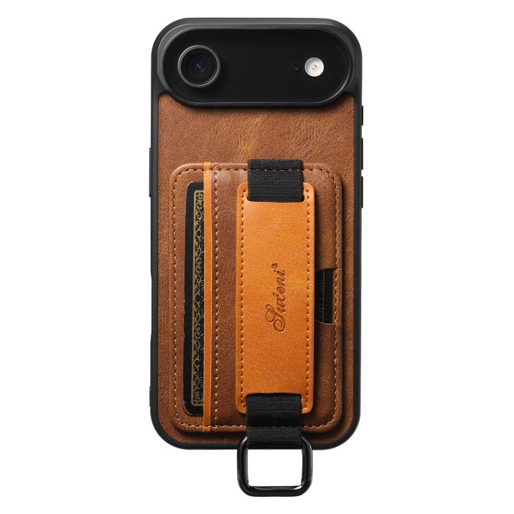For iPhone  Air Suteni H13 Card Wallet Wrist Strap Holder PU Phone Case(Brown)