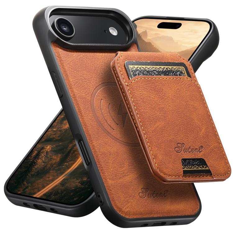 For iPhone Air Suteni H16 Litchi Texture Leather Detachable Wallet Back Phone Case(Khaki)