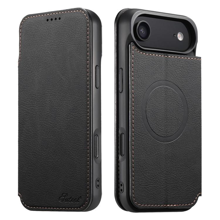 For iPhone Air Suteni J06 Retro Matte Litchi Texture Leather MagSafe Phone Case(Black)