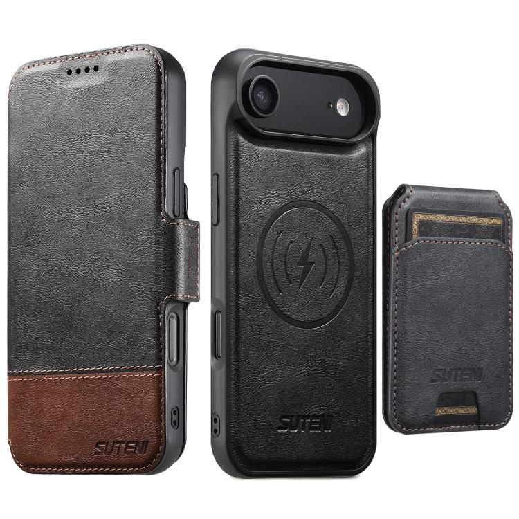 For iPhone Air Suteni Q06S2 3-in-1 Detachable Vertical Flip Wallet MagSafe Splicing Leather Phone Case(Black)