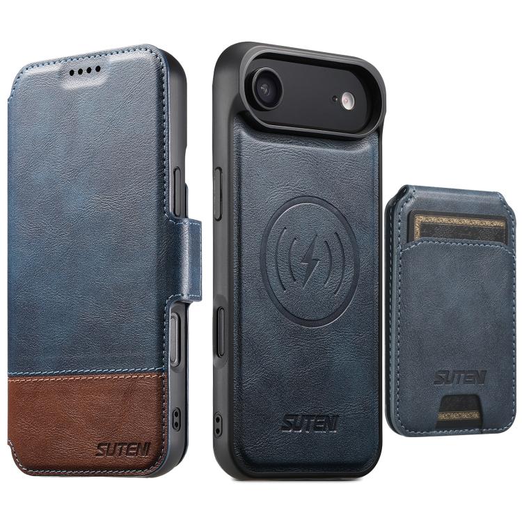 For iPhone Air Suteni Q06S2 3-in-1 Detachable Vertical Flip Wallet MagSafe Splicing Leather Phone Case(Blue)