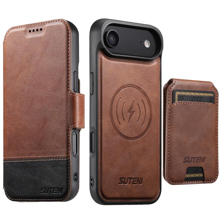 For iPhone Air Suteni Q06S2 3-in-1 Detachable Vertical Flip Wallet MagSafe Splicing Leather Phone Case(Brown)