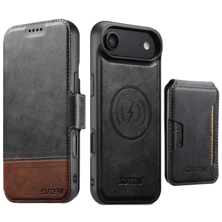 For iPhone Air Suteni Q06S3 3-in-1 Splicing Detachable Vertical Flip Wallet MagSafe Leather Phone Case(Black)