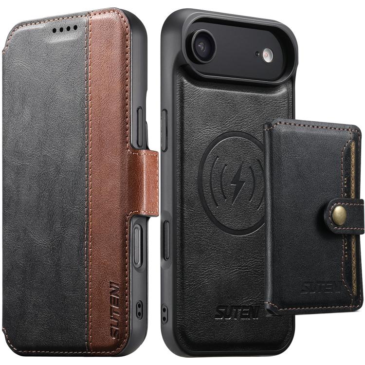 For iPhone Air Suteni Q07S1 3-in-1 Detachable Wallet MagSafe Splicing Leather Phone Case(Black)