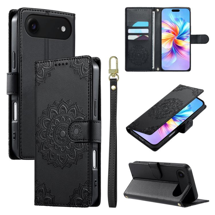 For iPhone Air Totem Embossed Magnetic Closure Vegan Leather Phone Case with Strap(Black)