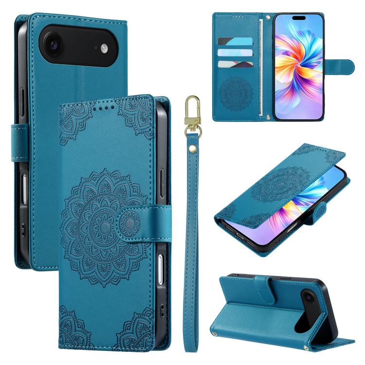 For iPhone Air Totem Embossed Magnetic Closure Vegan Leather Phone Case with Strap(Blue)