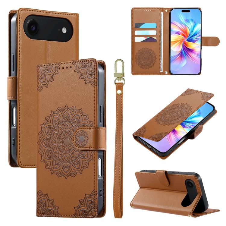 For iPhone Air Totem Embossed Magnetic Closure Vegan Leather Phone Case with Strap(Brown)