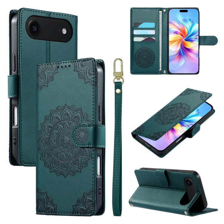 For iPhone Air Totem Embossed Magnetic Closure Vegan Leather Phone Case with Strap(Dark Green)