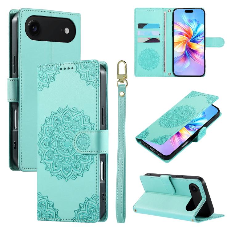 For iPhone Air Totem Embossed Magnetic Closure Vegan Leather Phone Case with Strap(Green)