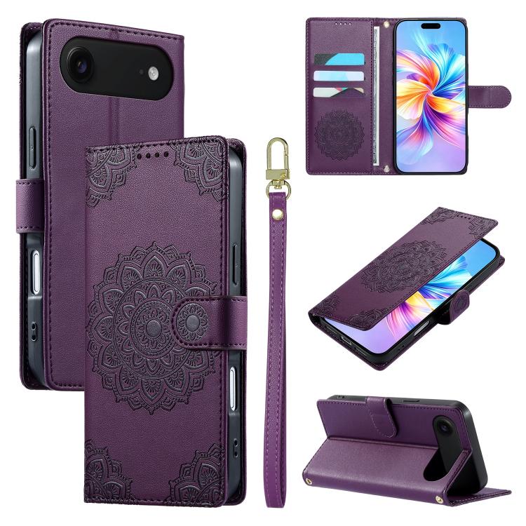 For iPhone Air Totem Embossed Magnetic Closure Vegan Leather Phone Case with Strap(Purple)