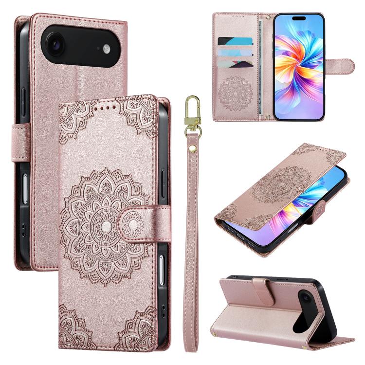 For iPhone Air Totem Embossed Magnetic Closure Vegan Leather Phone Case with Strap(Rose Gold)