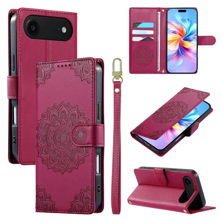 For iPhone Air Totem Embossed Magnetic Closure Vegan Leather Phone Case with Strap(Rose Red)