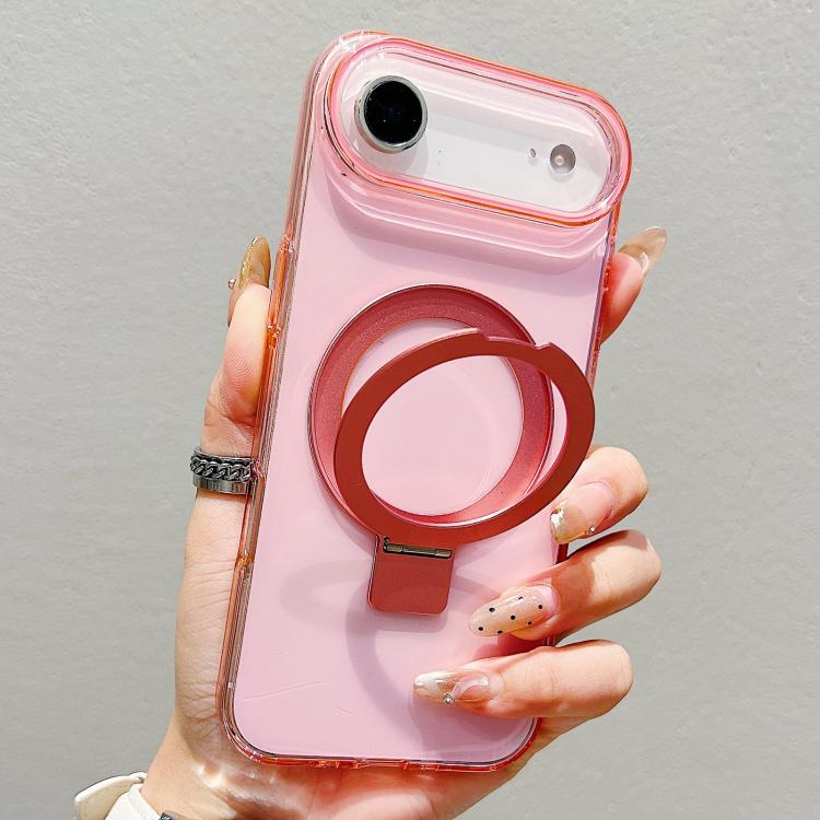 For iPhone Air Transparent Colorful Metal Ring Holder MagSafe Phone Case(Pink)