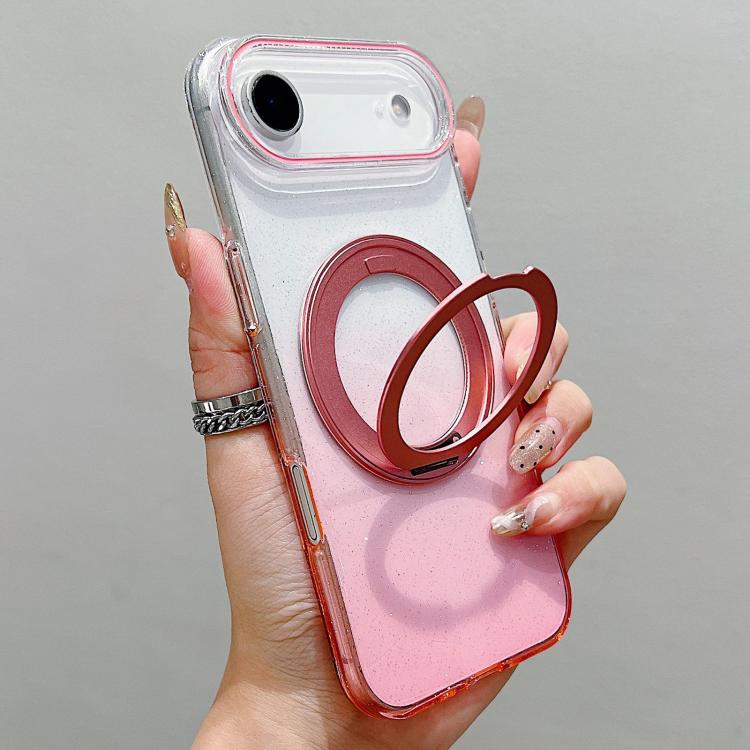 For iPhone Air Transparent Gradient 360 Degree Rotation Holder MagSafe Phone Case(Pink)