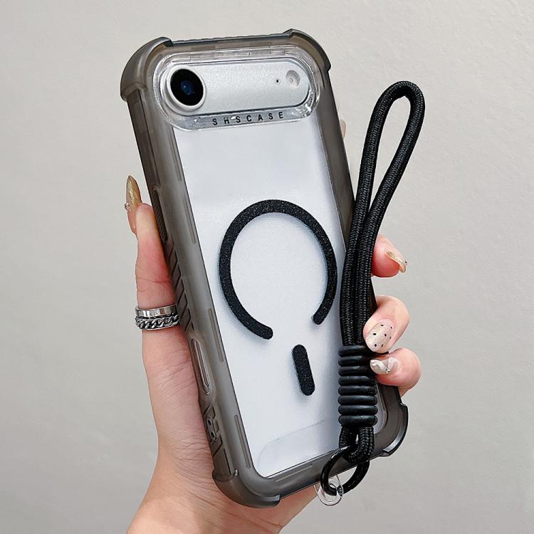 For iPhone Air Transparent Matte TPU Hybrid PC 3-in-1 MagSafe Phone Case with Wrist Strap(Black)