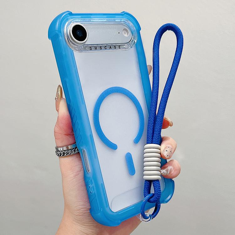For iPhone Air Transparent Matte TPU Hybrid PC 3-in-1 MagSafe Phone Case with Wrist Strap(Blue)