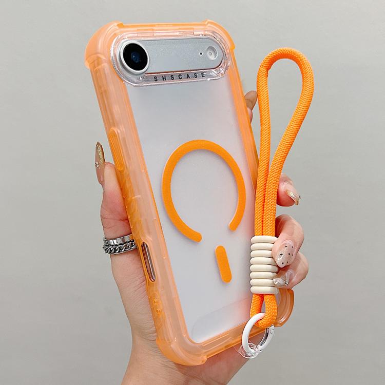 For iPhone Air Transparent Matte TPU Hybrid PC 3-in-1 MagSafe Phone Case with Wrist Strap(Orange)