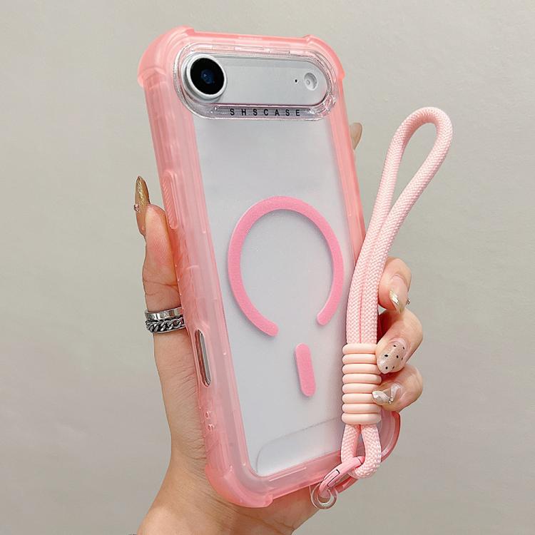 For iPhone Air Transparent Matte TPU Hybrid PC 3-in-1 MagSafe Phone Case with Wrist Strap(Pink)