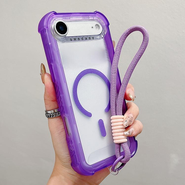For iPhone Air Transparent Matte TPU Hybrid PC 3-in-1 MagSafe Phone Case with Wrist Strap(Purple)
