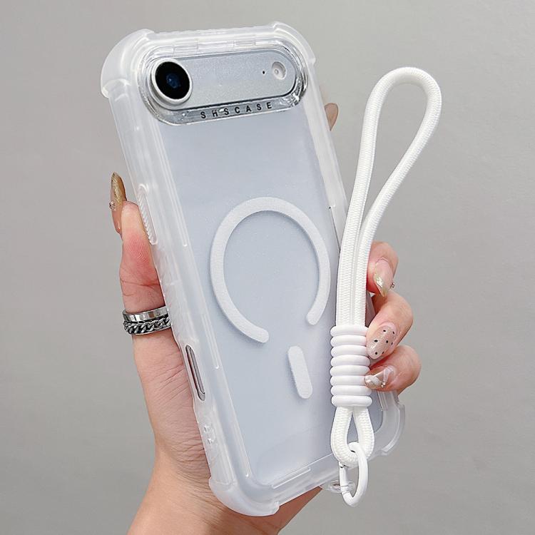For iPhone Air Transparent Matte TPU Hybrid PC 3-in-1 MagSafe Phone Case with Wrist Strap(White)