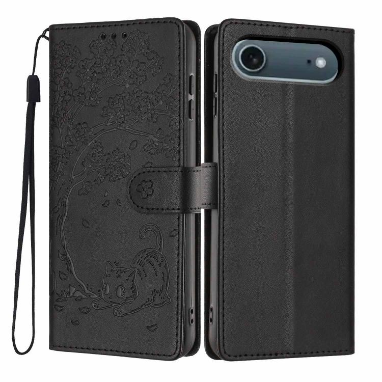 For iPhone Air Tree Cat Embossed Flip Vegan Leather Phone Case(Black)