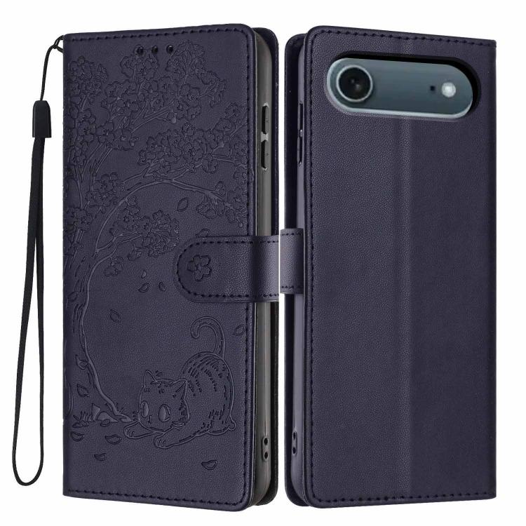 For iPhone Air Tree Cat Embossed Flip Vegan Leather Phone Case(Dark Blue)