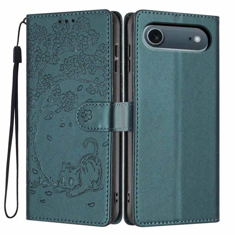 For iPhone Air Tree Cat Embossed Flip Vegan Leather Phone Case(Deep Green)