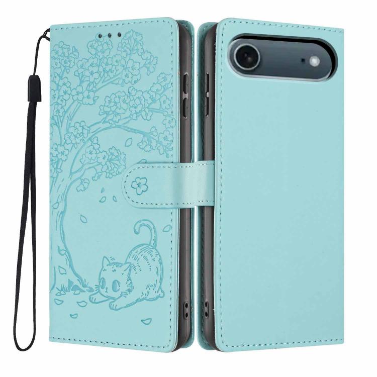 For iPhone Air Tree Cat Embossed Flip Vegan Leather Phone Case(Light Green)