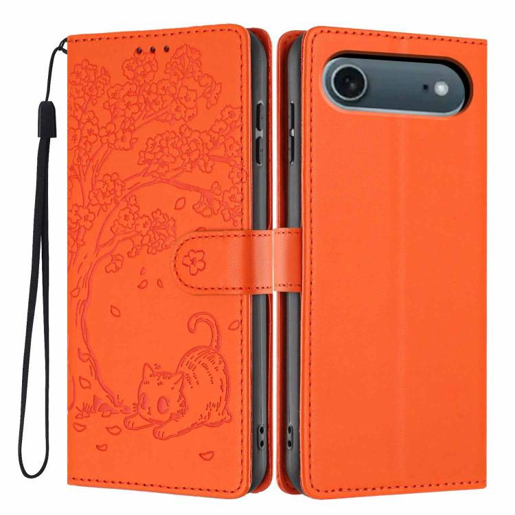 For iPhone Air Tree Cat Embossed Flip Vegan Leather Phone Case(Orange)