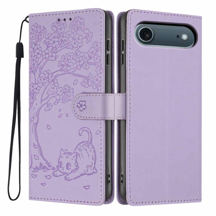 For iPhone Air Tree Cat Embossed Flip Vegan Leather Phone Case(Purple)