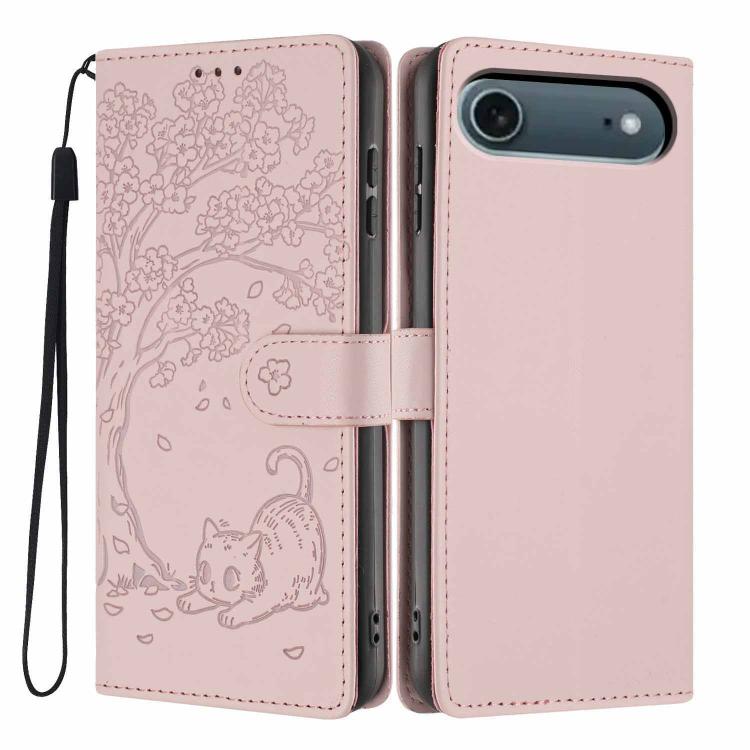 For iPhone Air Tree Cat Embossed Flip Vegan Leather Phone Case(Rose Gold)
