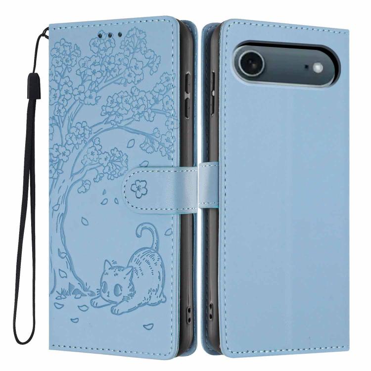 For iPhone Air Tree Cat Embossed Flip Vegan Leather Phone Case(Sky Blue)