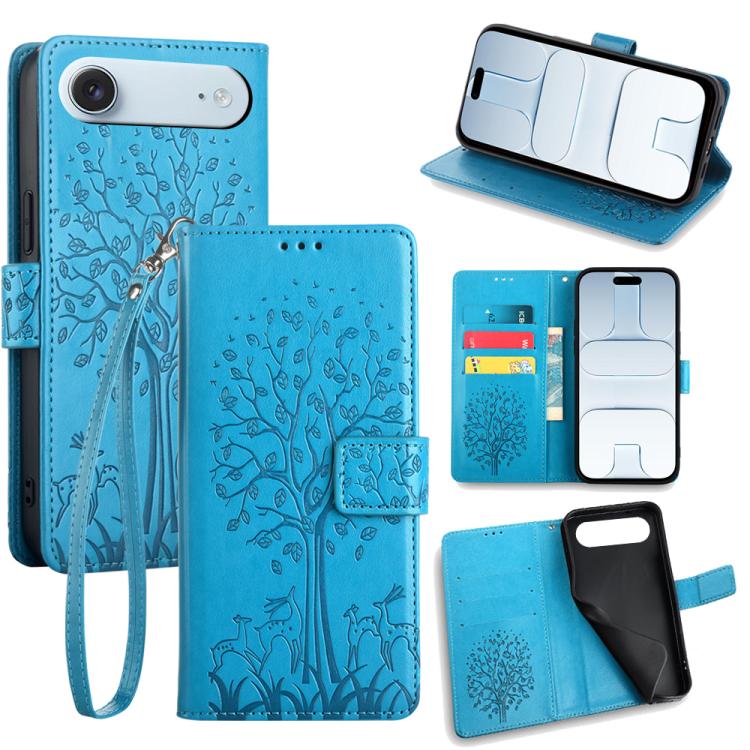 For iPhone Air Tree & Deer Embossed Leather Phone Case(Blue)
