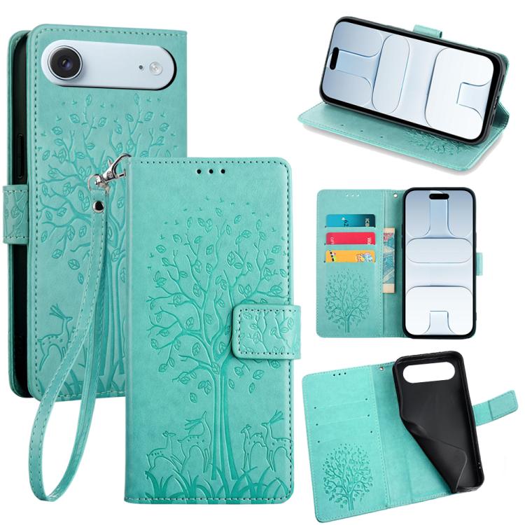 For iPhone Air Tree & Deer Embossed Leather Phone Case(Green)