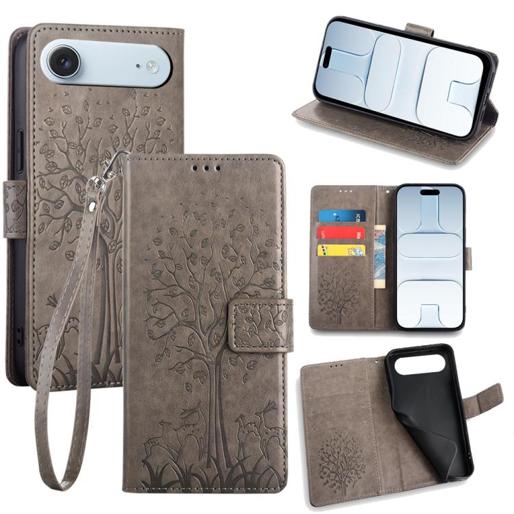 For iPhone Air Tree & Deer Embossed Leather Phone Case(Grey)