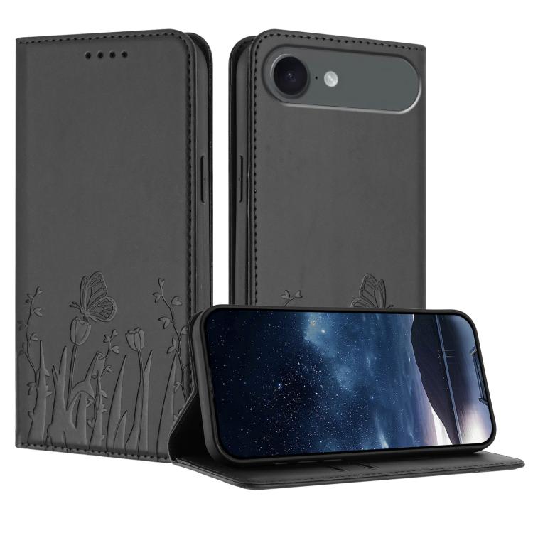 For iPhone Air Tulips Butterfly Pattern Magnetic Vegan Leather Phone Case(Black)