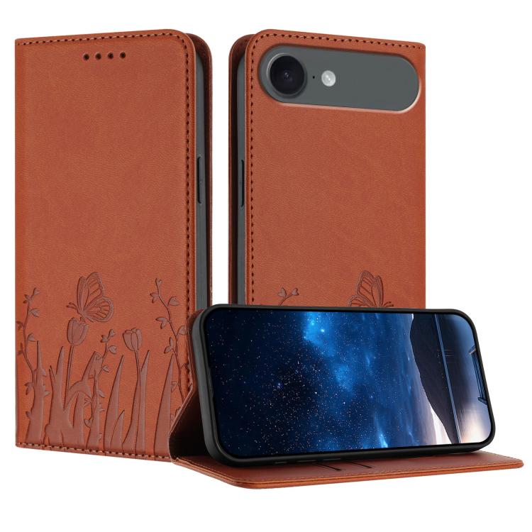 For iPhone Air Tulips Butterfly Pattern Magnetic Vegan Leather Phone Case(Coffee)