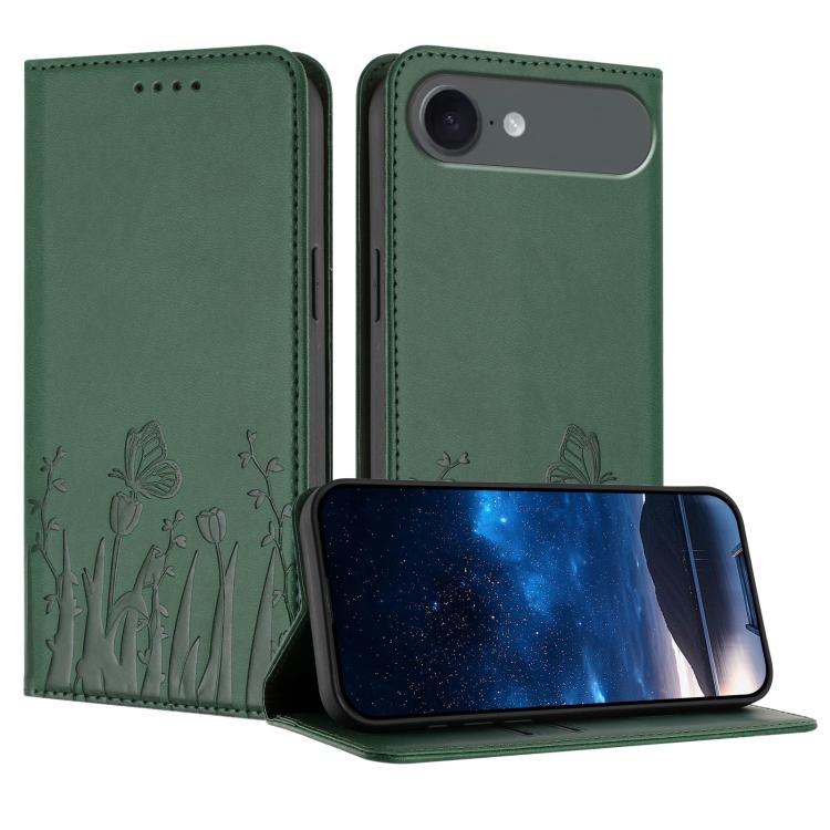 For iPhone Air Tulips Butterfly Pattern Magnetic Vegan Leather Phone Case(Dark Green)