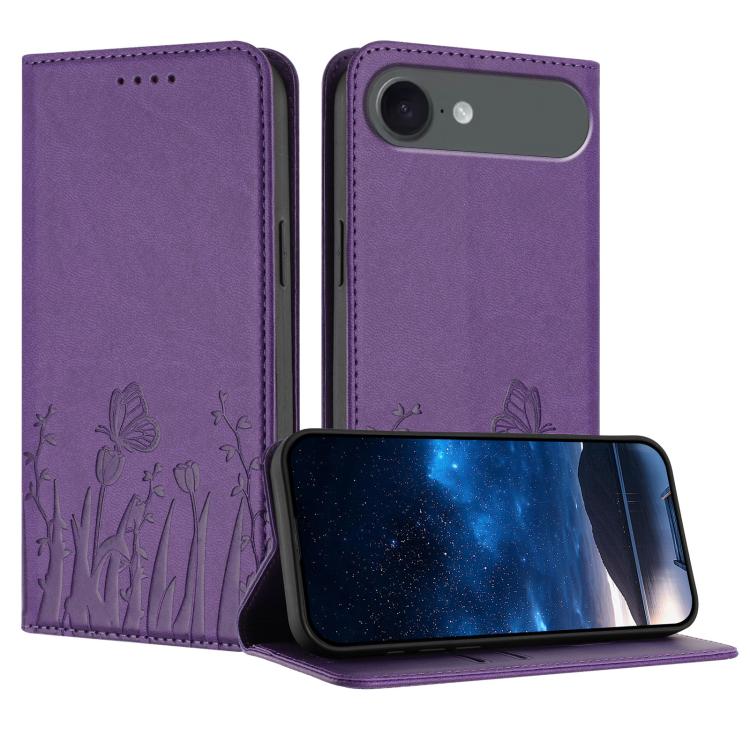 For iPhone Air Tulips Butterfly Pattern Magnetic Vegan Leather Phone Case(Dark Purple)