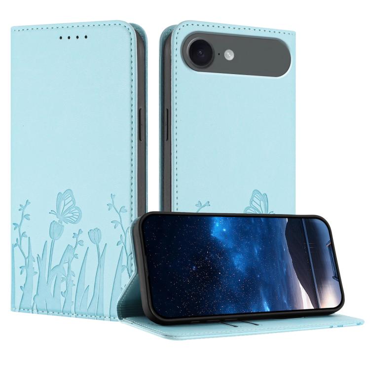 For iPhone Air Tulips Butterfly Pattern Magnetic Vegan Leather Phone Case(Light Blue)