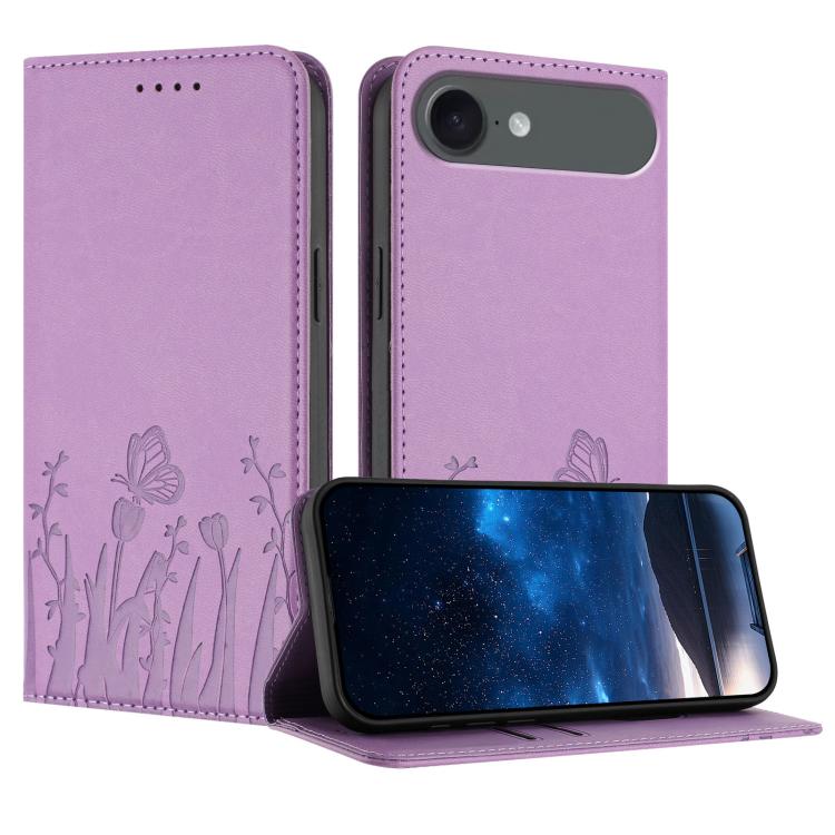 For iPhone Air Tulips Butterfly Pattern Magnetic Vegan Leather Phone Case(Light Purple)