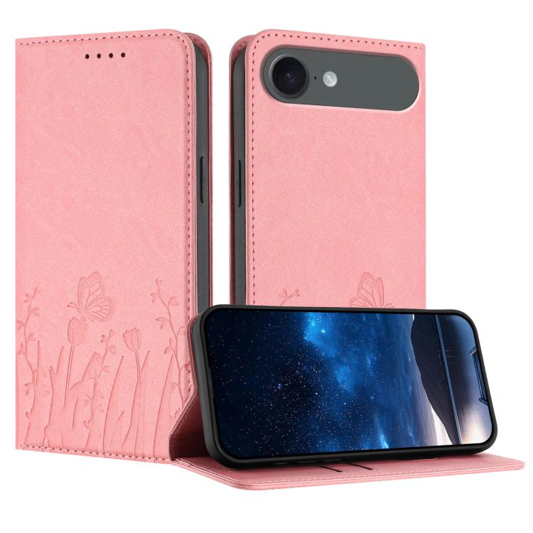 For iPhone Air Tulips Butterfly Pattern Magnetic Vegan Leather Phone Case(Pink)
