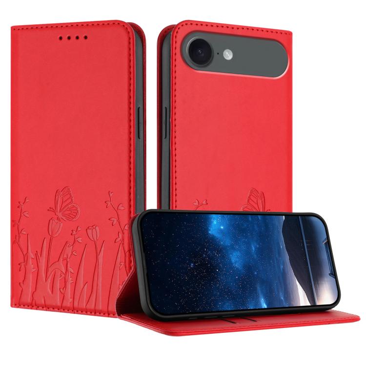 For iPhone Air Tulips Butterfly Pattern Magnetic Vegan Leather Phone Case(Red)