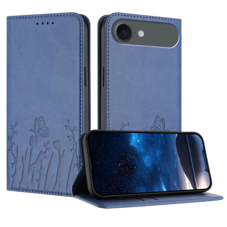 For iPhone Air Tulips Butterfly Pattern Magnetic Vegan Leather Phone Case(Royal Blue)